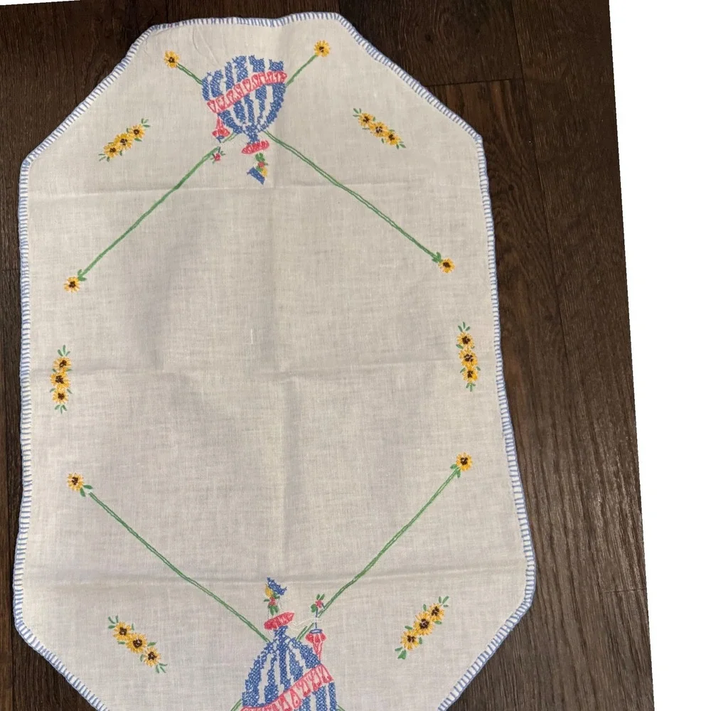 Vintage 17X34 Embroidered Table Runner Crinoline Lady Sunflower White Linen Blue